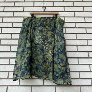 Ideology Silk Overlay Beaded Sequin Skirt Abstract Green Blue Print 22W